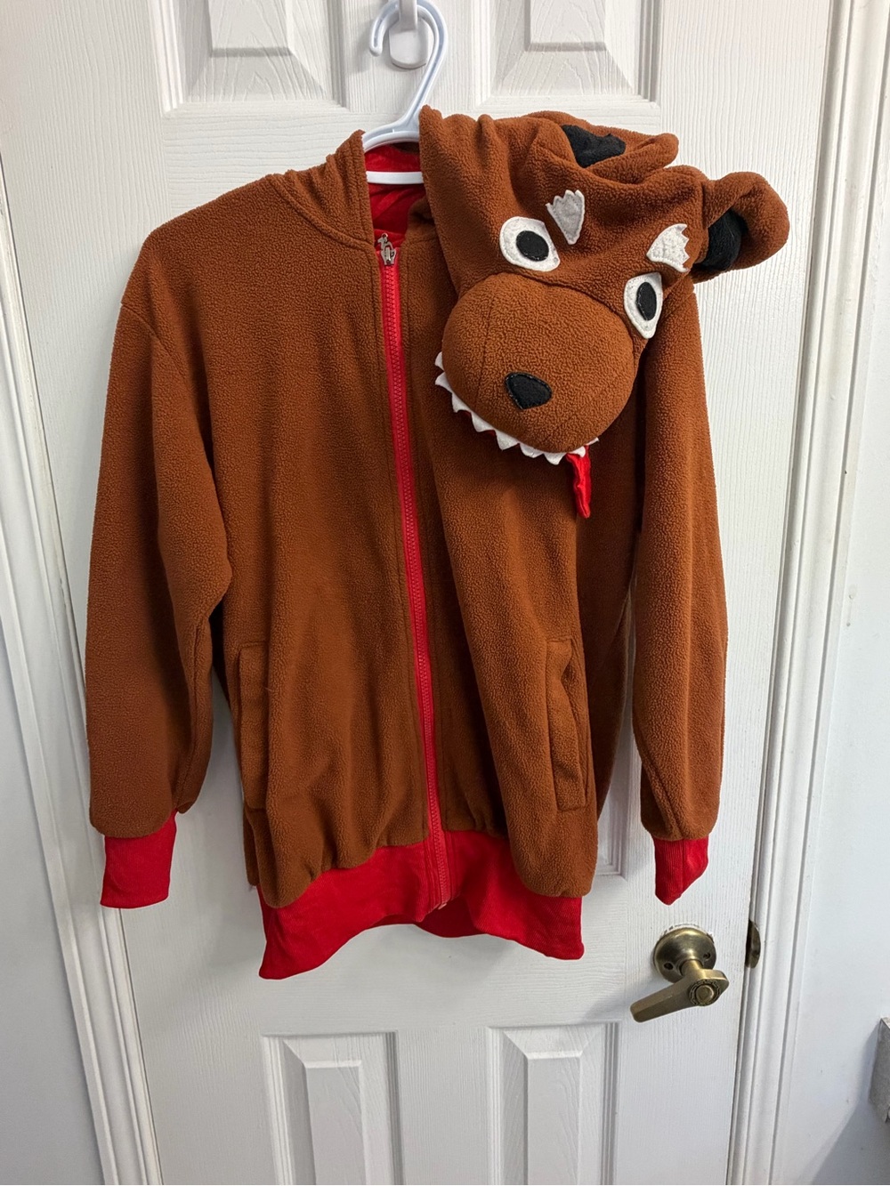 Children's Wolf Hooded Fleece Jacket Brown Red Trim Cozy Cute Animal Zip-Up Size